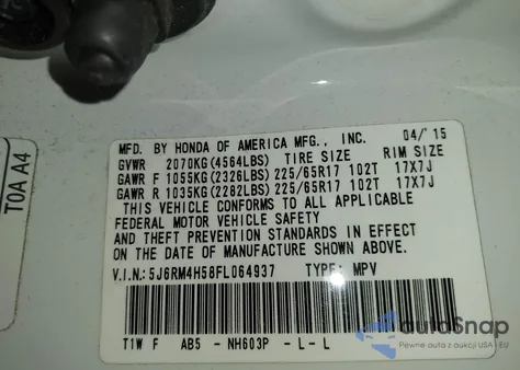 2015 Honda Cr-V Ex из США, поврежденный, VIN 5J6RM4H58FL064937